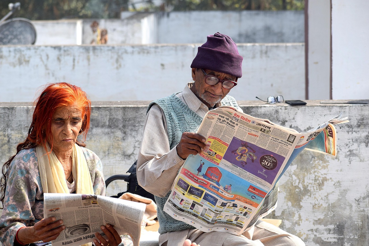 old couple,  reading,  newspaper,  bookworm,  grandparents