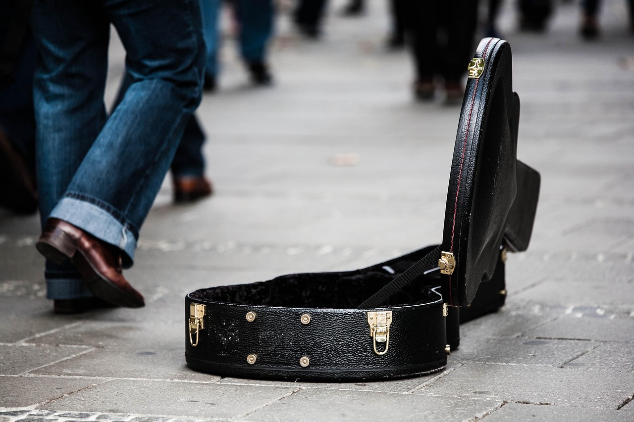 guitar case, street musician, donate, donation, musician
