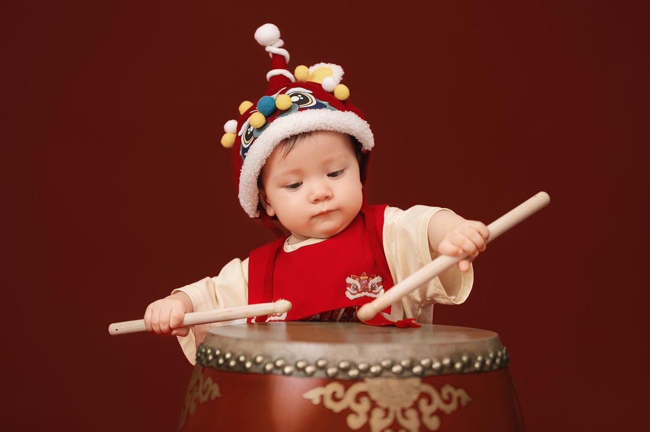 tet,  baby,  drum,  traditional costume,  chinese theme